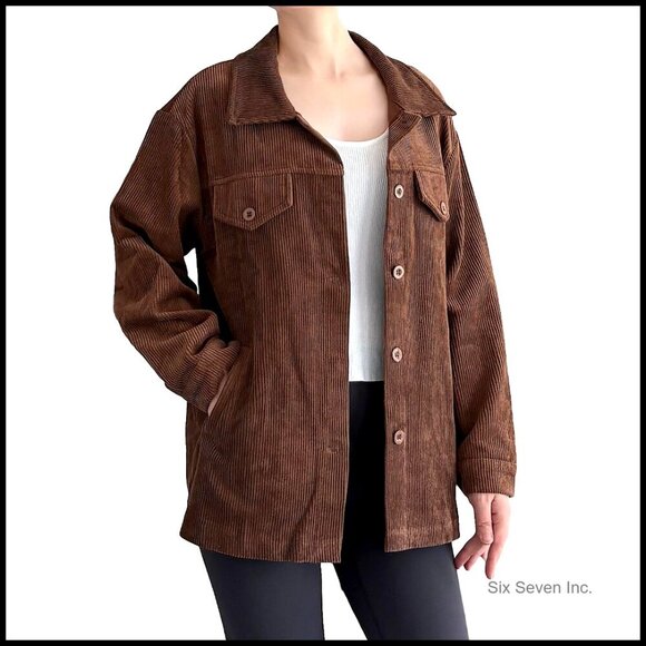 Jackets & Blazers - Corduroy Shacket Button Down Casual Jacket Long Sleeve Side Pockets Loose Fit